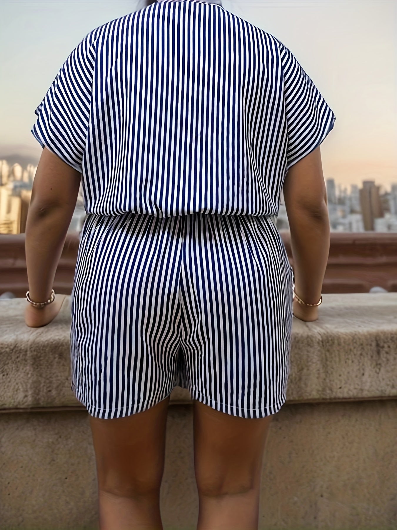  Stripe Print Batwing Sleeve Surplice Neck Romper