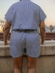  Stripe Print Batwing Sleeve Surplice Neck Romper