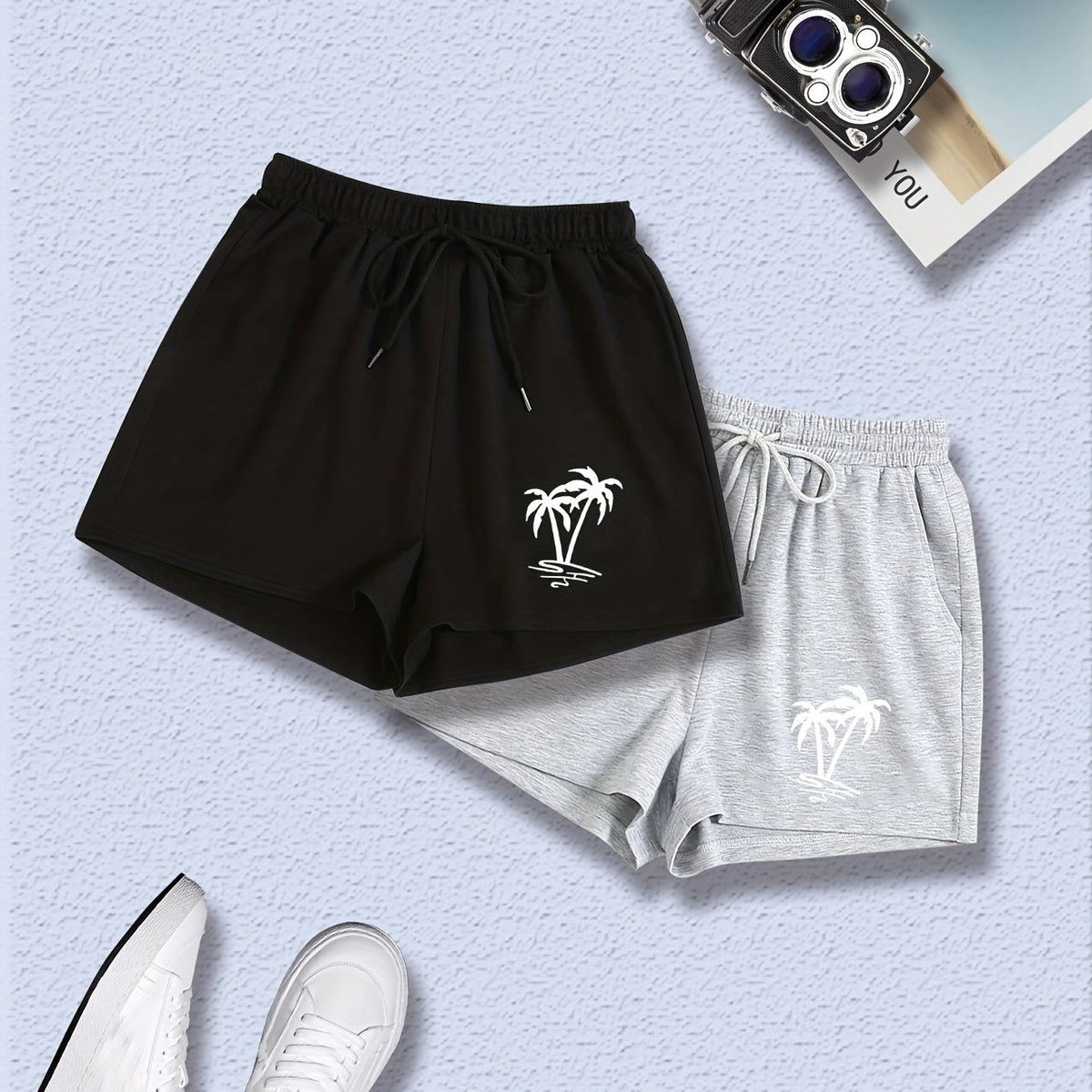 2 Pack Women's Plus Casual Shorts Set Coconut Tree Print