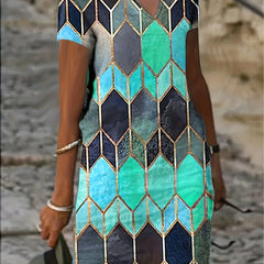  Geometric Print Short Sleeve Notched Neck Dress
