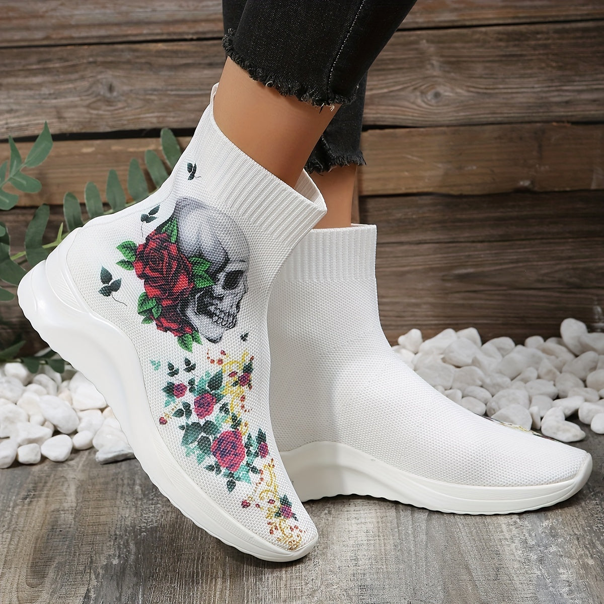 Women's Skull & Rose Print Sock Boots
