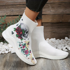 Women's Skull & Rose Print Sock Boots