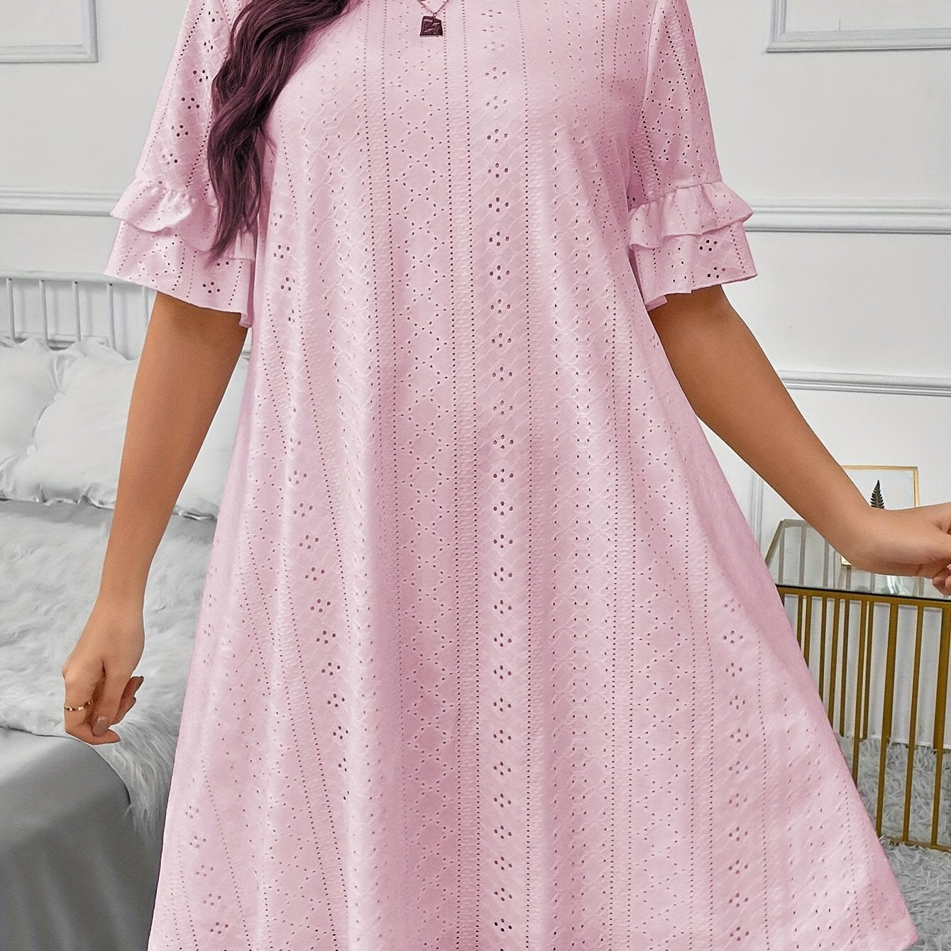  Eyelet Embroidered Ruffle Trim Sleep Dress
