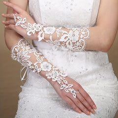 Lace Hollow Flower Gloves Lolita Hook Finger Beige Wedding Bridal