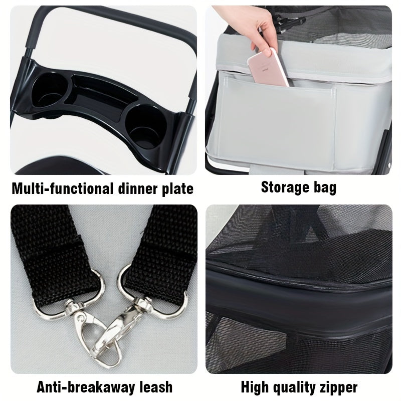 Folding Dog Stroller with Cup Holder & Mesh Window