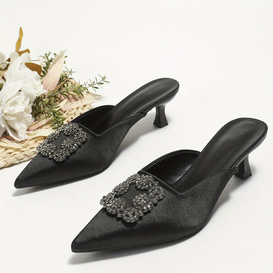 Womens Satin Kitten Heels Rhinestone Slingback