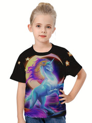 Moon & Unicorn 3D Graphic Tee for Girls - Summer Sports