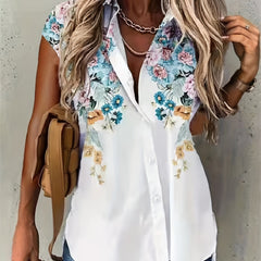  Floral Print Button Up Cap Sleeve Blouse