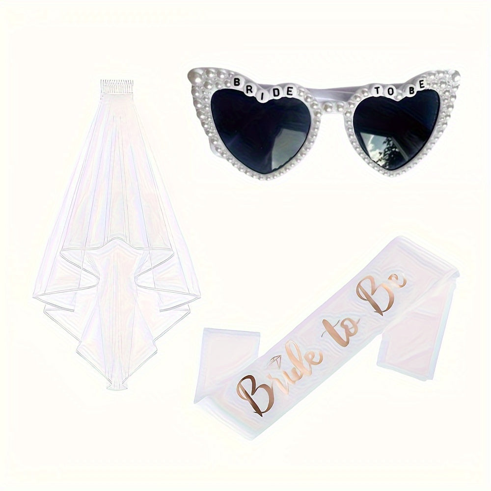 3pcs Bride to Be Glasses Sash Veil Wedding Bachelorette Bridal Shower