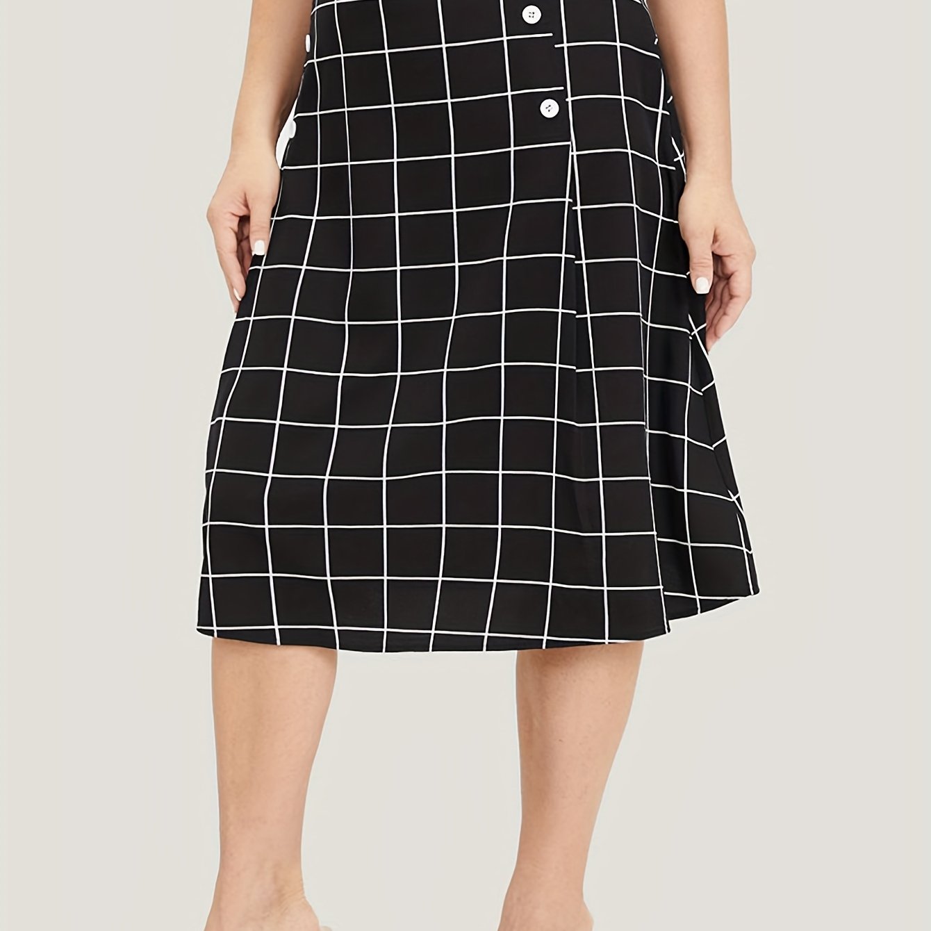  Grid Print Button Stretch Skirt