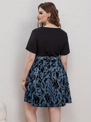  Colorblock Leopard Print Round Neck Casual Dress With Belt