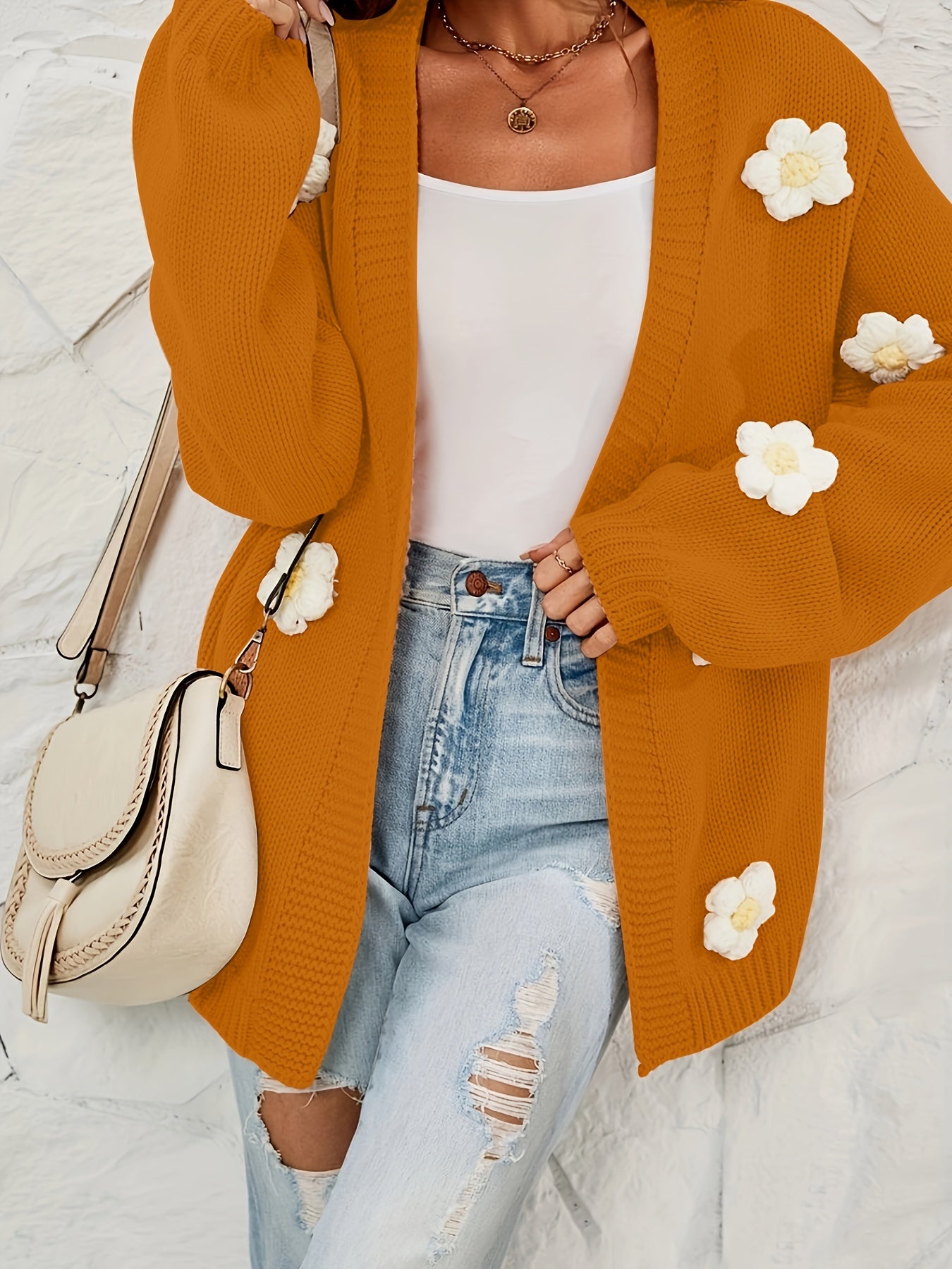  Casual Cardigan Women's Plus Floral Applique Lantern Sleeve