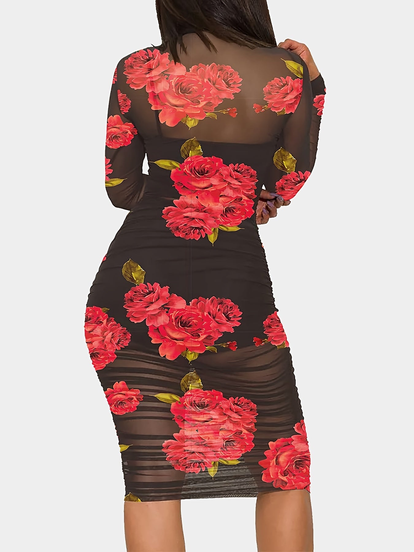 Sexy Floral Print 3pc Set Crop Top Shorts Bodycon Mesh Dress
