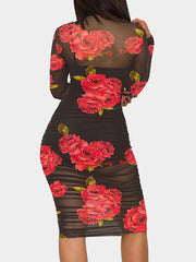 Sexy Floral Print 3pc Set Crop Top Shorts Bodycon Mesh Dress