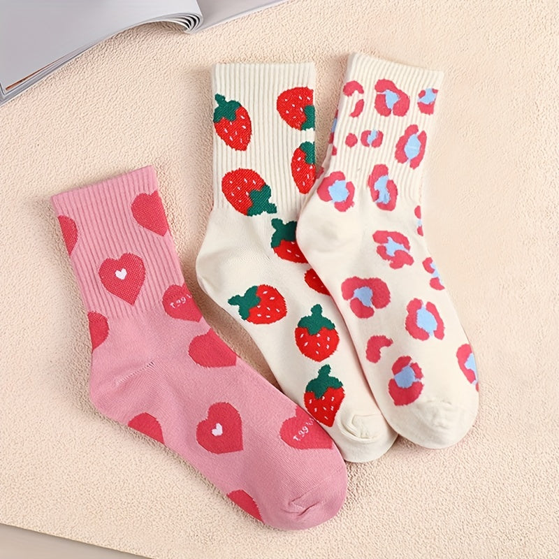 3 Pairs Heart & Strawberry Mid Tube Socks Women's Stockings