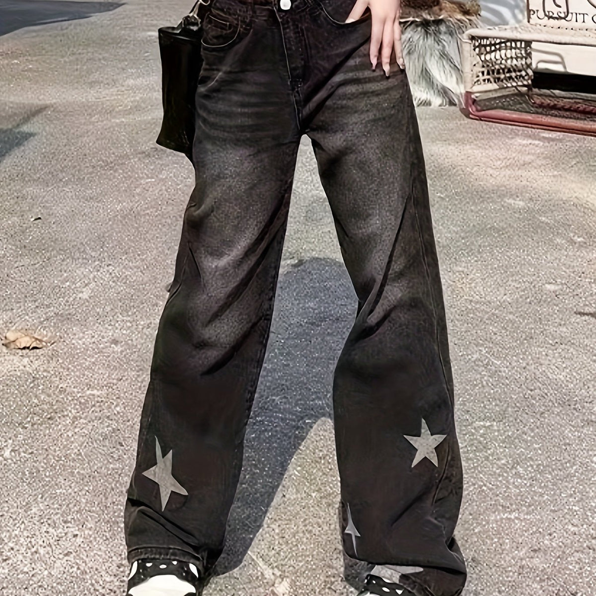 High Rise Straight Leg Jeans Dark Grey Y2K Style Denim Pants