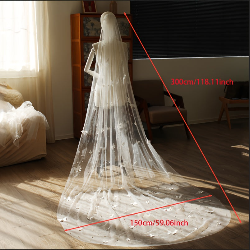 Vintage European Romance Wedding Veil with Pearls & 3D Butterfly