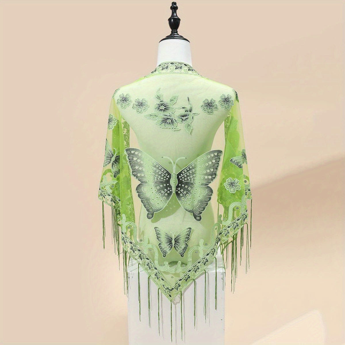 Triangle Scarf Butterfly Flower Embroidery Lace Tassel Shawl