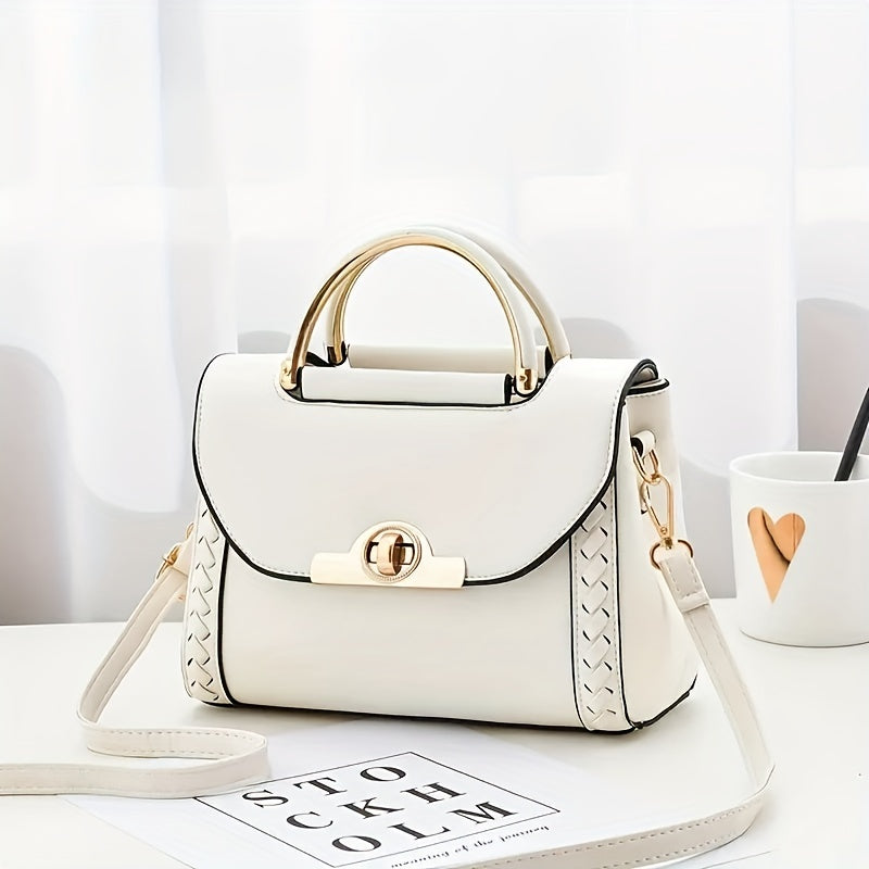Top Handle Shoulder Bag Turn Lock PU Leather Handbag