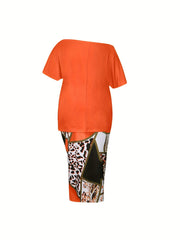  Cross Print Top & Leopard Print Skirt Set