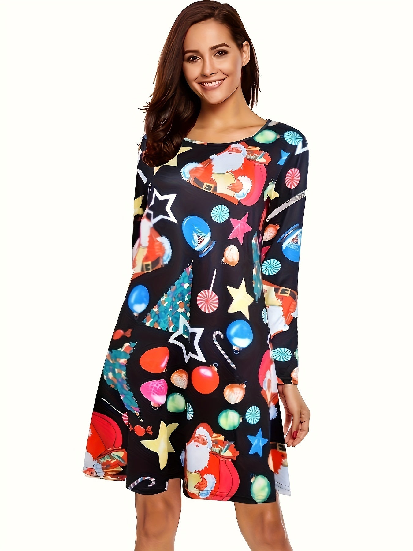 Women's Santa Claus Print Long Sleeve Maxi Dress