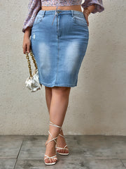  Casual Denim Skirt Washed Button Fly Ripped Slim Fit Midi