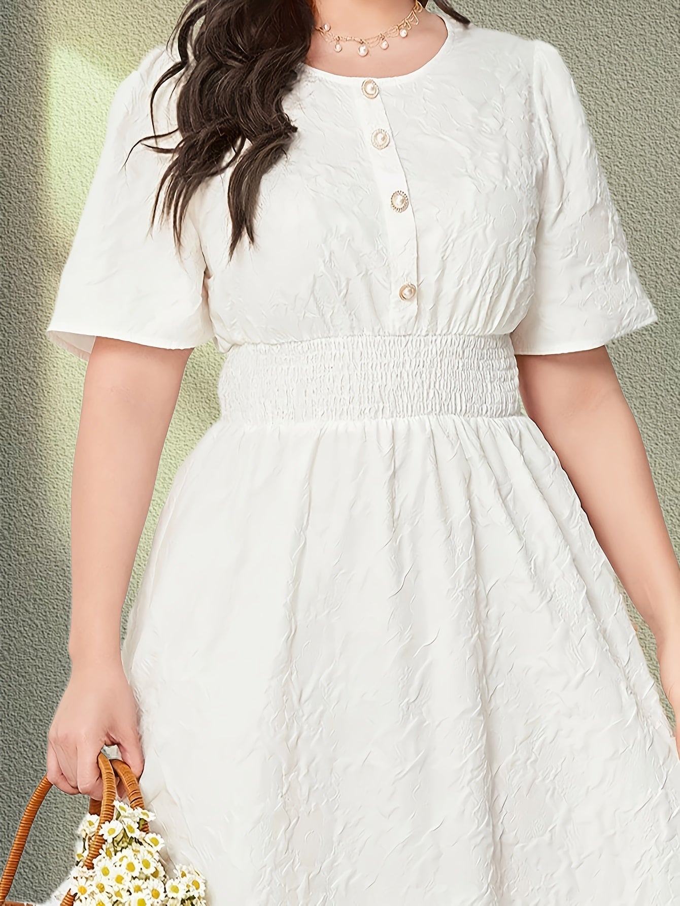  Solid Textured Button Decor Maxi Dress