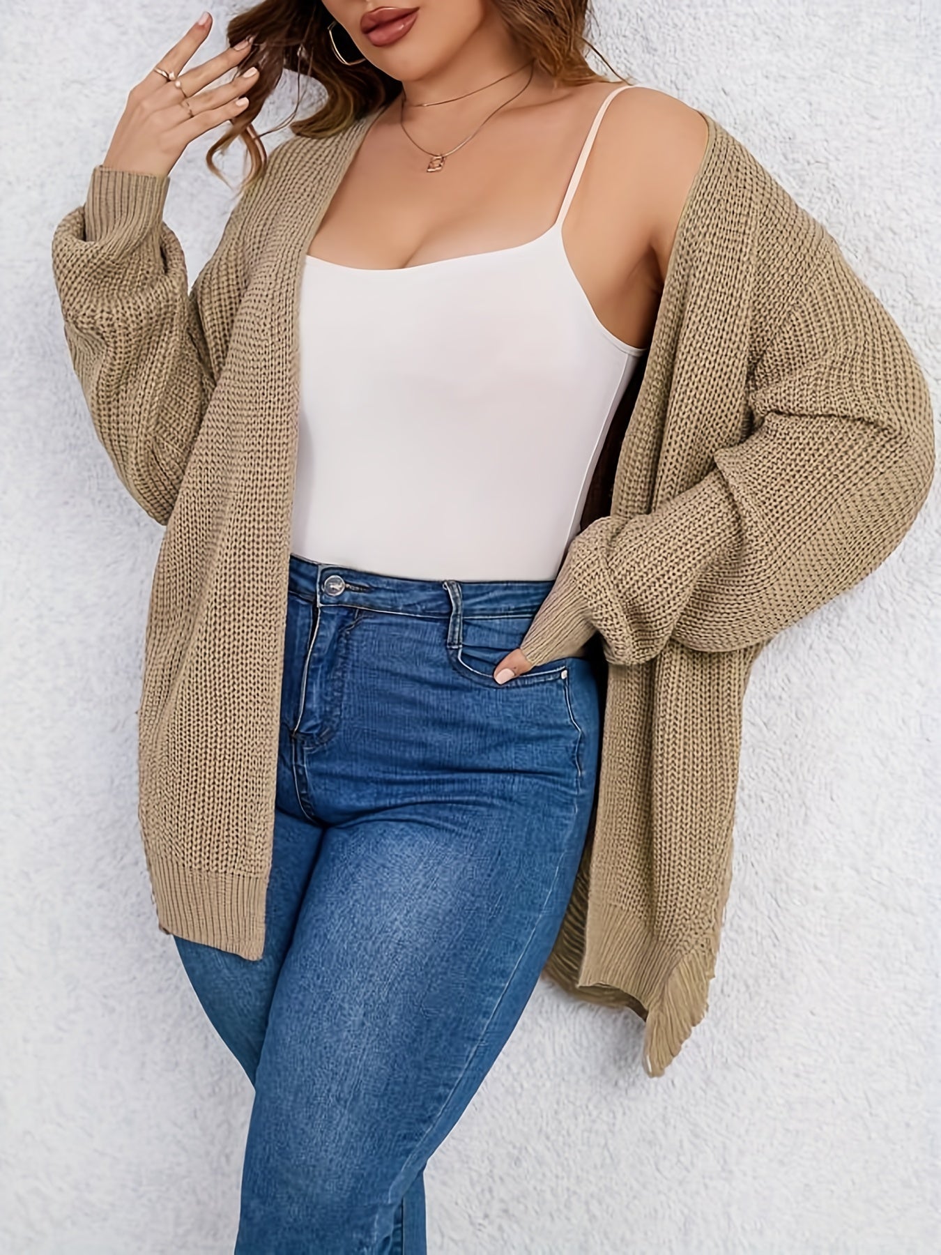  Solid Ripped Lantern Sleeve Open Front Cardigan
