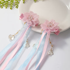 Vintage Pink Flower Streamer Hair Clip Cheongsam Hair Accessory