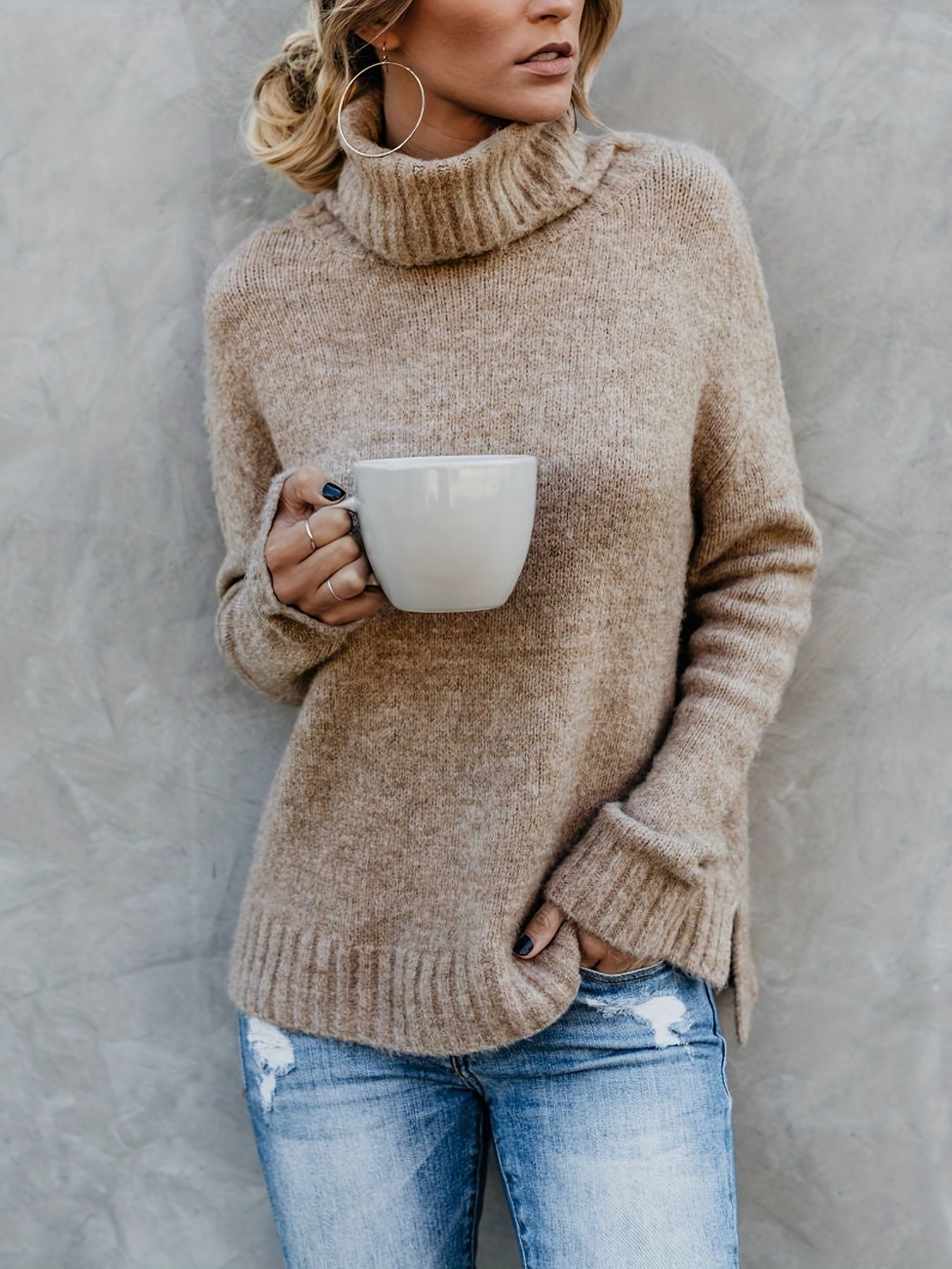 Casual Sweater Women's Solid Long Sleeve Turtle Neck Jumper