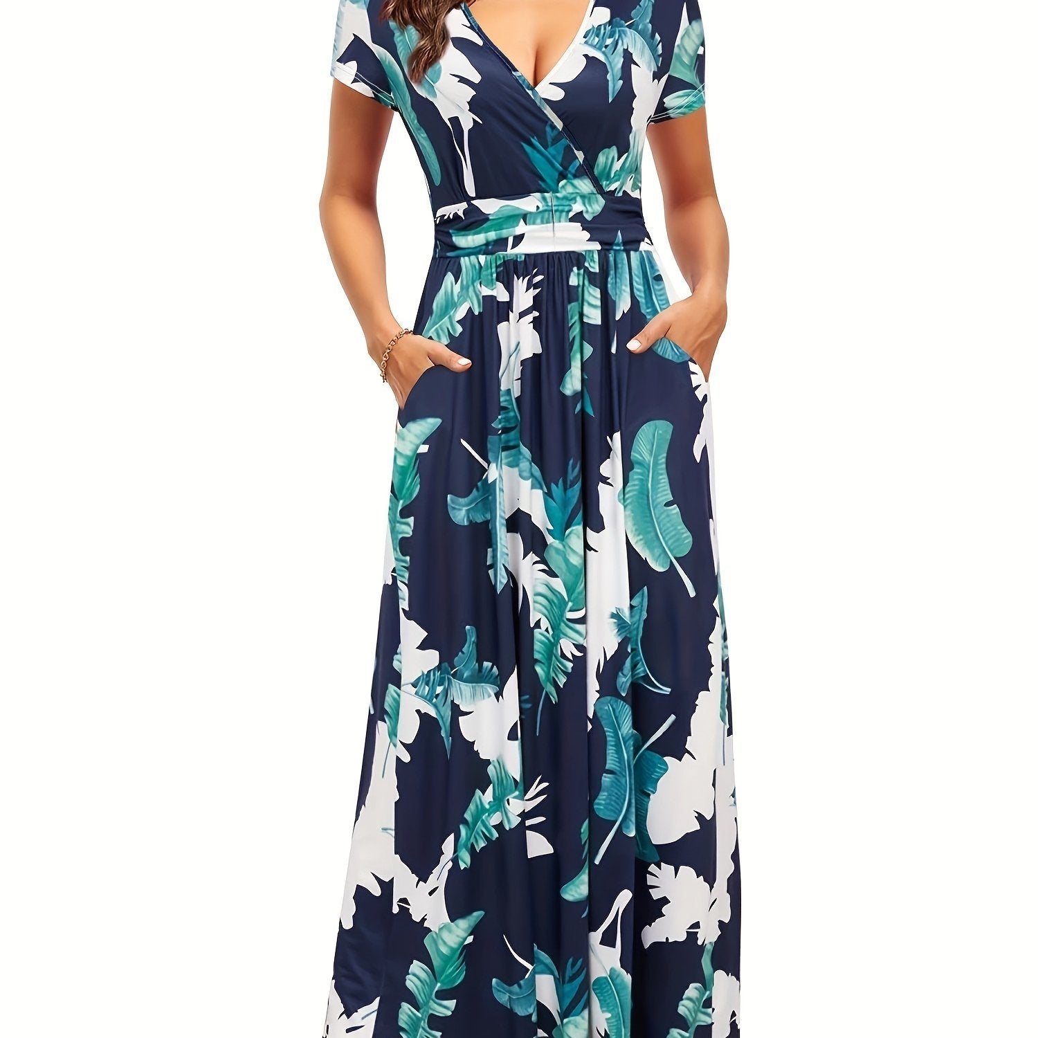  Tropical Print Short Sleeve Maxi Dress With Pockets
