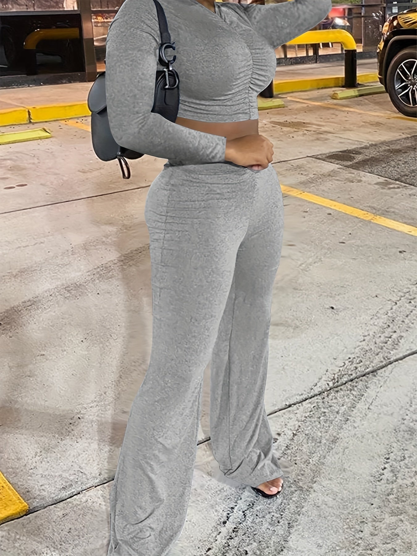  Solid Ruched Crop Top & Pants Set