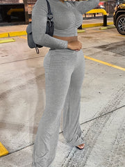  Solid Ruched Crop Top & Pants Set
