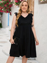  Solid Lace Ruffle Sleeve V Neck Dress
