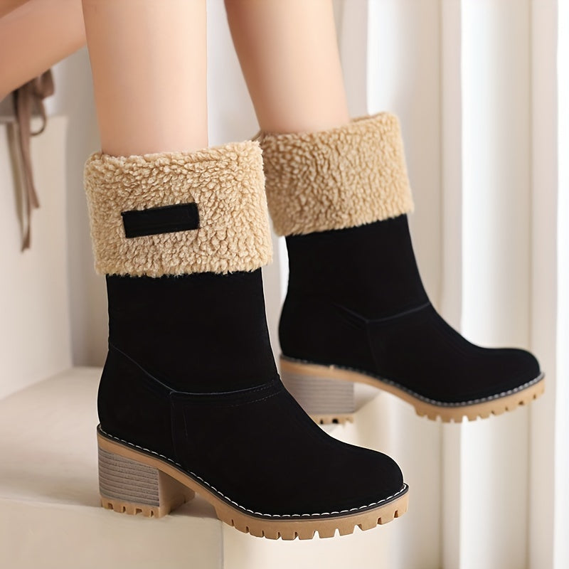 Women's Stacked Heel Mid Calf Snow Boots Plush Winter Slip On