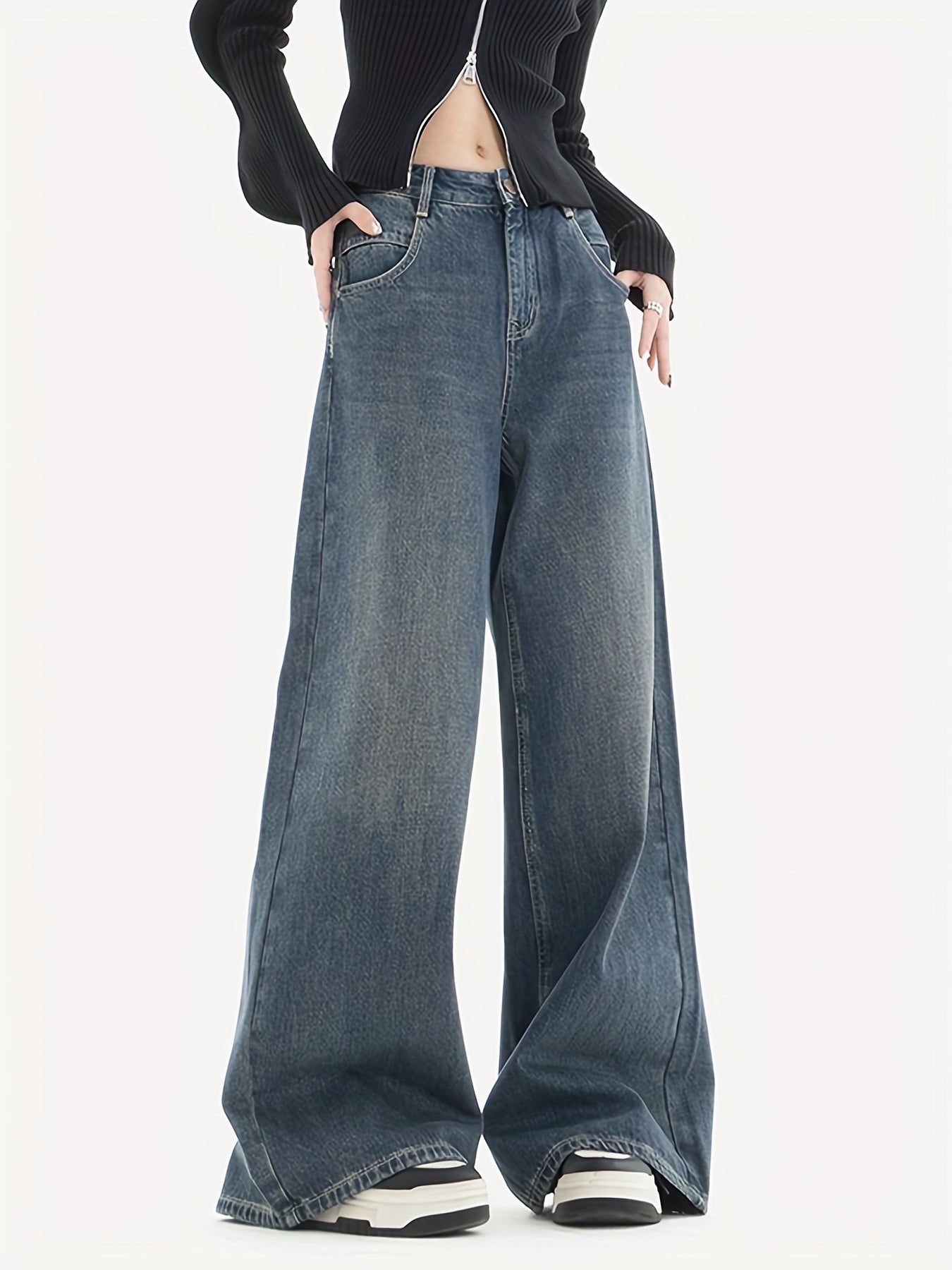 Wide Leg Baggy Jeans Solid Loose Fit Street Grunge Style Denim Pants