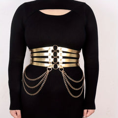 Golden Harness Belt Gothic Chain Fringe Layer PU Leather Waistband