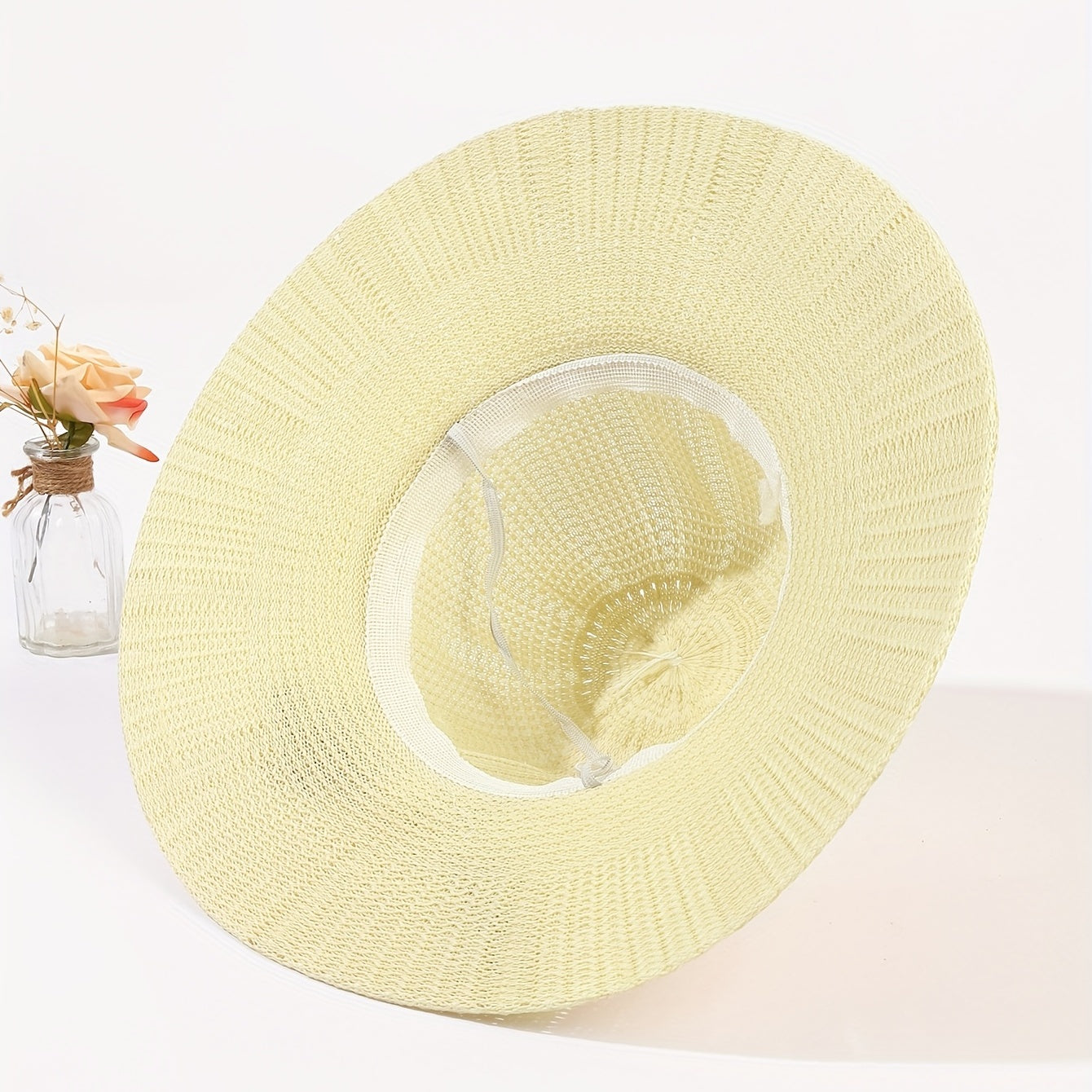 Beige Crochet Bucket Hat Faux Flower Decor Straw Casual Travel Beach Hat