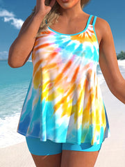  Boho Tankini Set Women's Ombre Stripe Print Top & Shorts Swimsuit