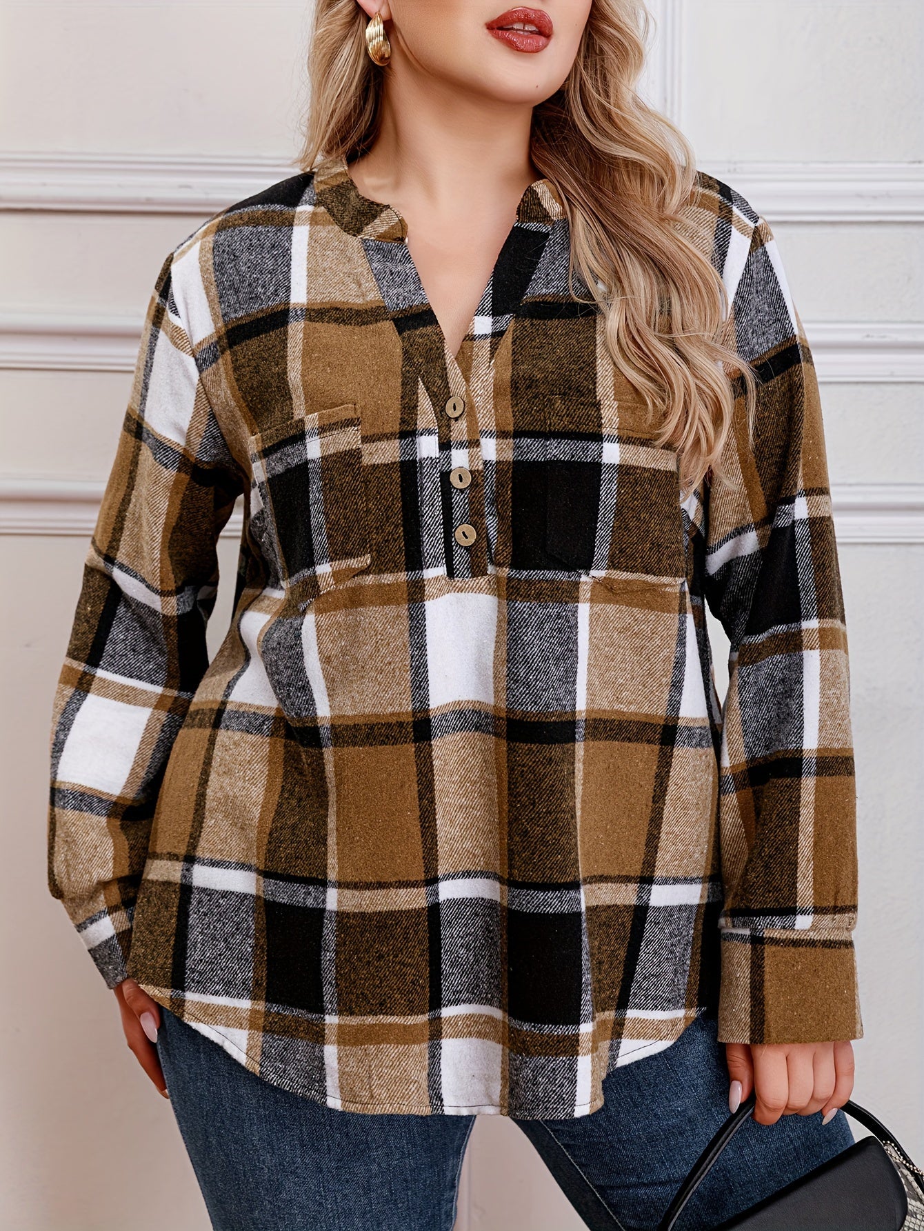 Plaid Print Button Up Long Sleeve V Neck Loose Fit Shirt Top