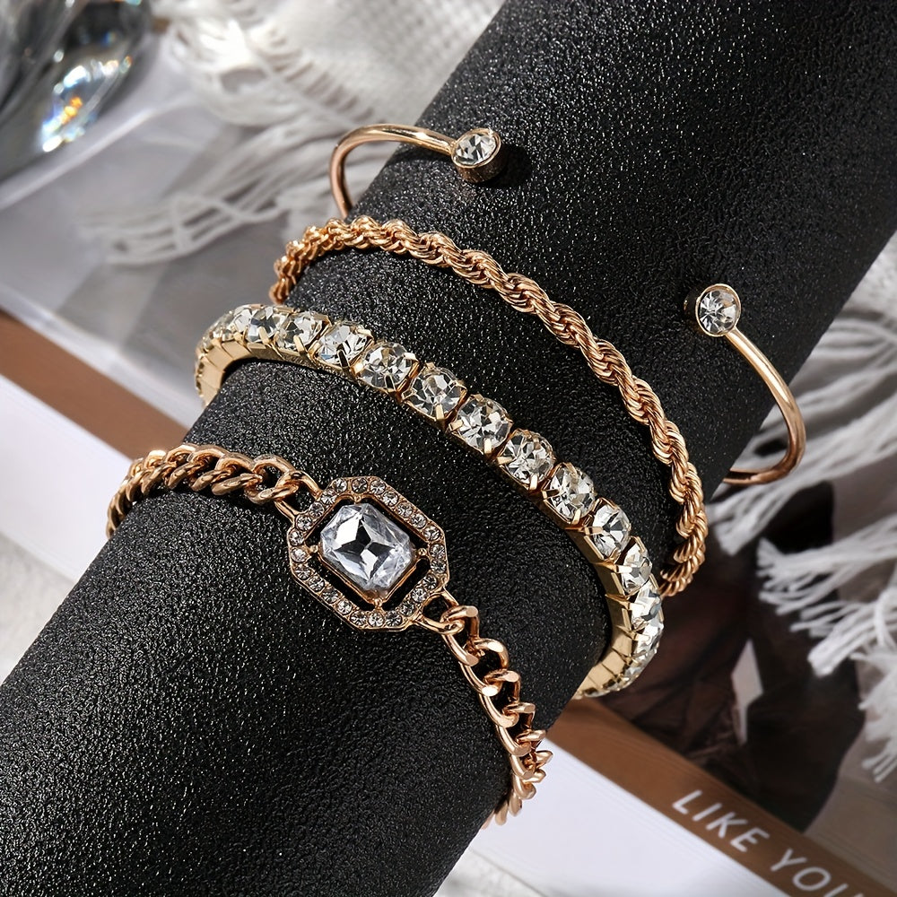 4pcs Chain Square Rhinestone Bracelet Set for Women Girls
