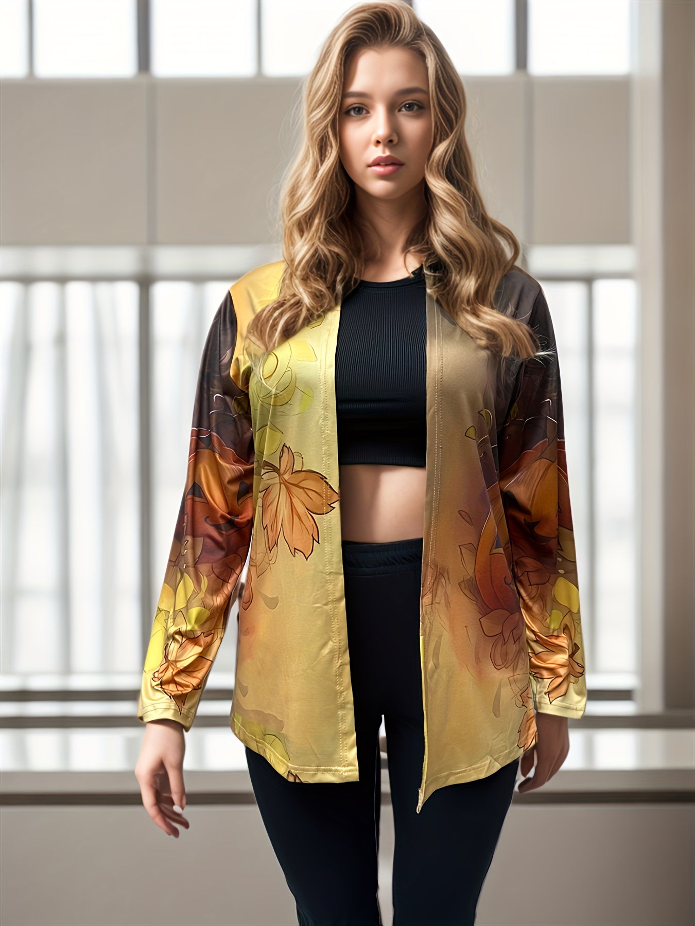 Colorblock Leaf Print Open Front Cardigan