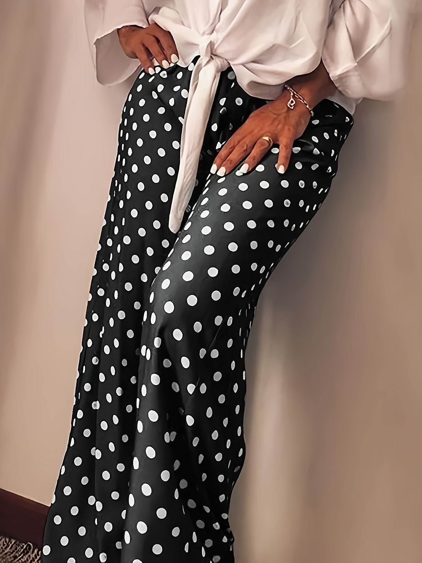 Plus Dot Print Elastic High Rise Wide Leg Trousers