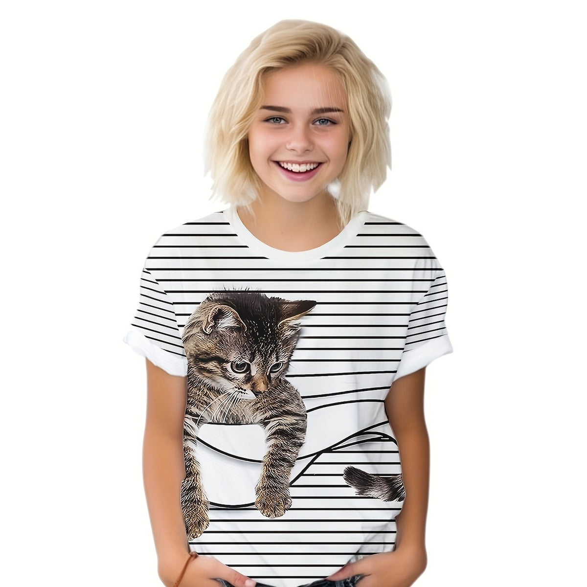 Kids Striped Kitty Graphic T-shirt - Summer Sports Clothes
