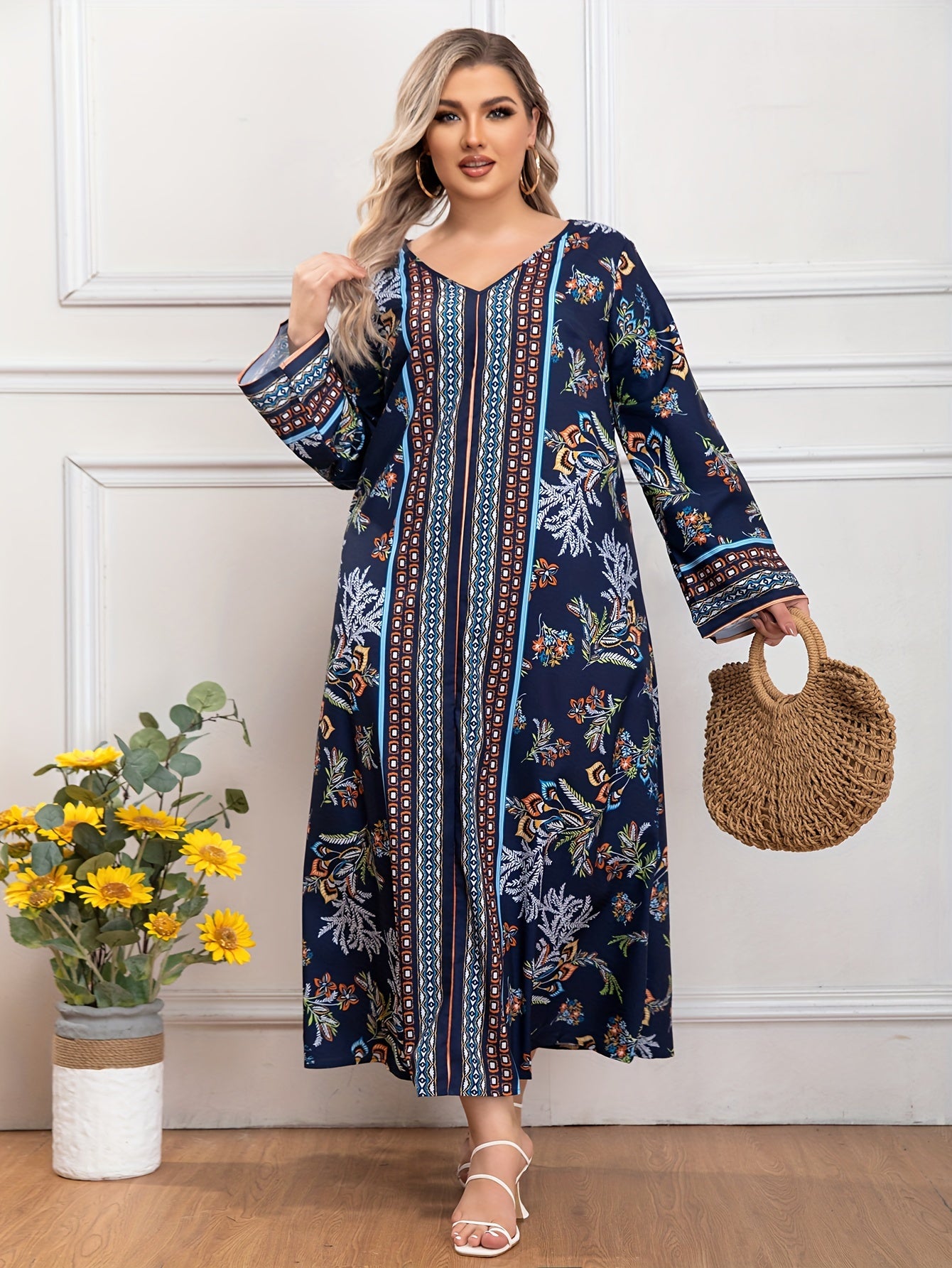  Colorblock Floral Print V Neck Maxi Dress