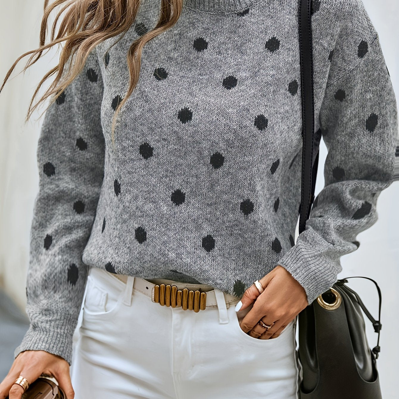  Dot Print Long Sleeve Sweater Round Neck Jumper