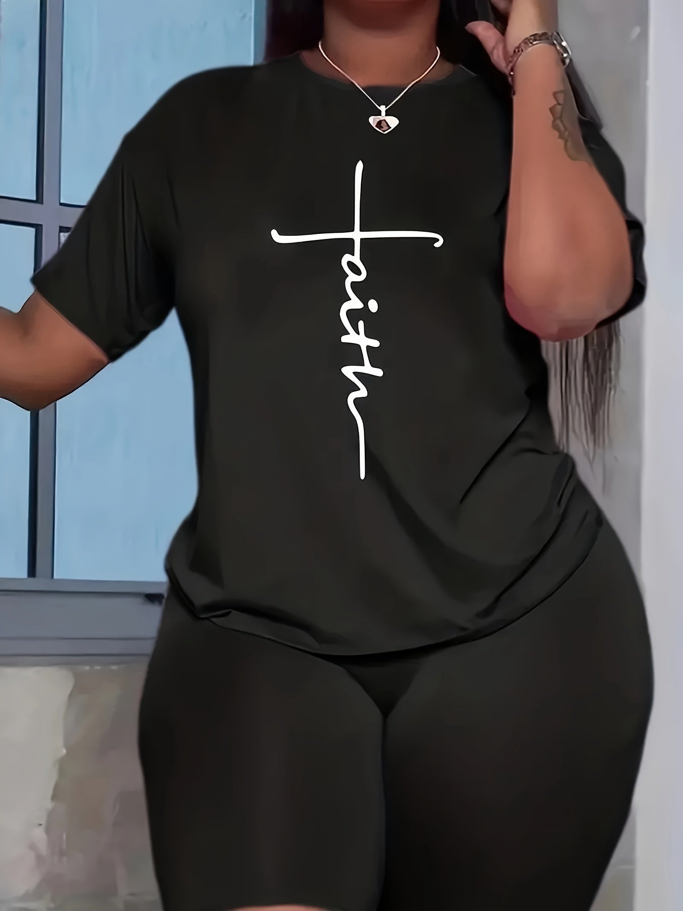 Women's Plus Size Cross Letter Print Lounge Set