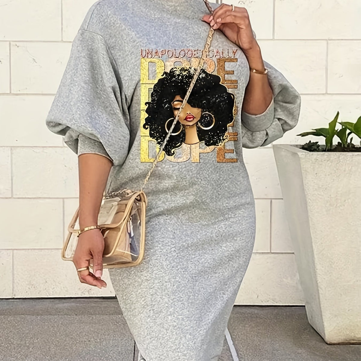  Casual Dress Women's Plus Cartoon Girl & Art Letter Print