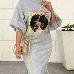  Casual Dress Women's Plus Cartoon Girl & Art Letter Print
