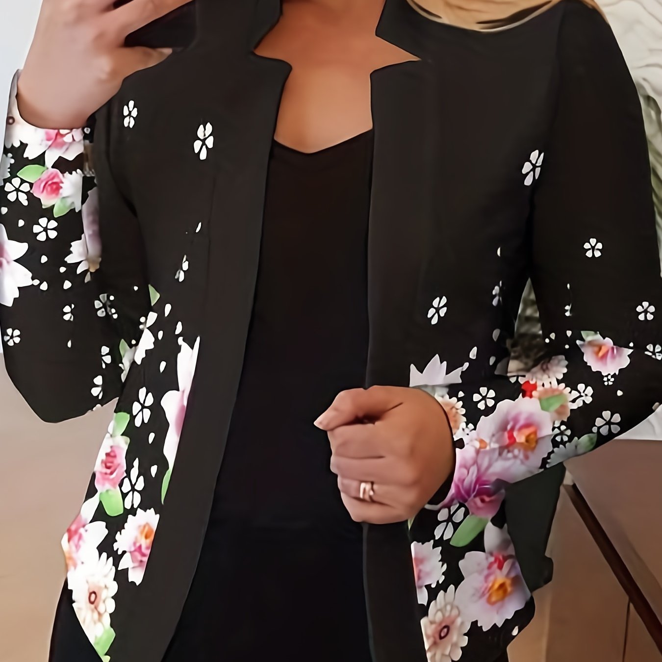  Floral Split Lapel Open Front Blazer Long Sleeve Slim Fit